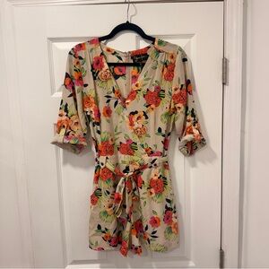 Yumi Kim Silk Romper Vibrant Floral Print Small Zip Back Belted Classy